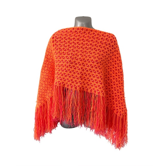 Sweaters - Handmade Crochet Fringe Poncho Orange Pink Boho Retro Fall Layering